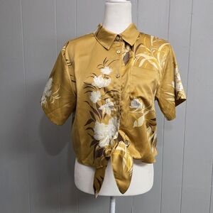 Rachel Rachel Roy Silky Golden Yellow Floral Tie Waist Shirt Size M